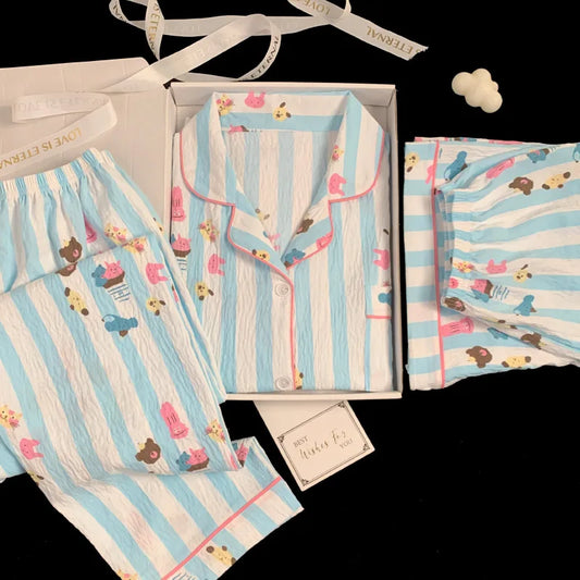 Women's New Cotton Three-Piece Striped Pajamas