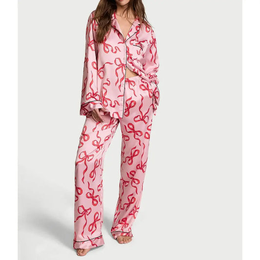 Women 2Pcs Satin Pajamas Loungewear Set
